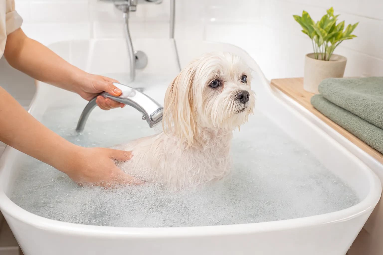 Собака в ванне SPA nano bubble с микропузырьками